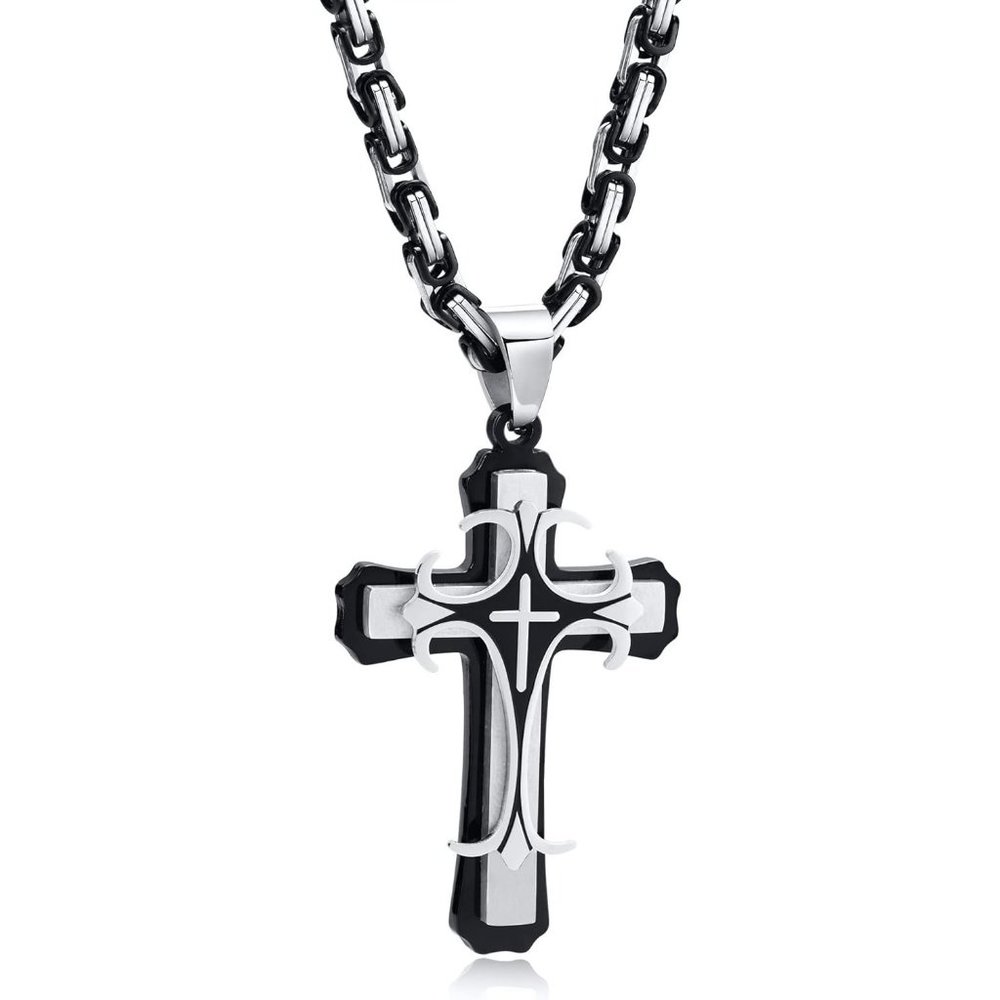 men Stainless Steel Crucifix Cross Pendant Necklace with Chunk Byzantine Chain